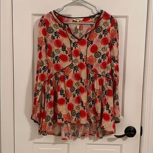 Cream & Pink Floral Blouse w Navy Blue Trim